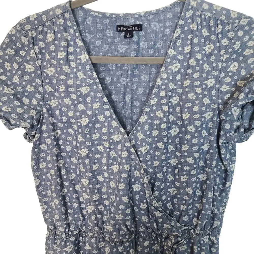 J. Crew Womens Floral Chambray Surplice Mini Dress Size S Ruffle Hem Preppy Tie
